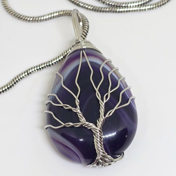 Tree of Life Silver Wrap Teardrop Purple Amethyst Teadrop Agate Pendant Necklace - Picture 3 of 12
